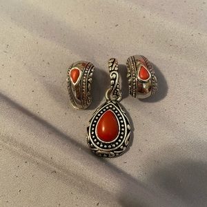 Premier Designs Red Orange Earrings And Pendant - image 1